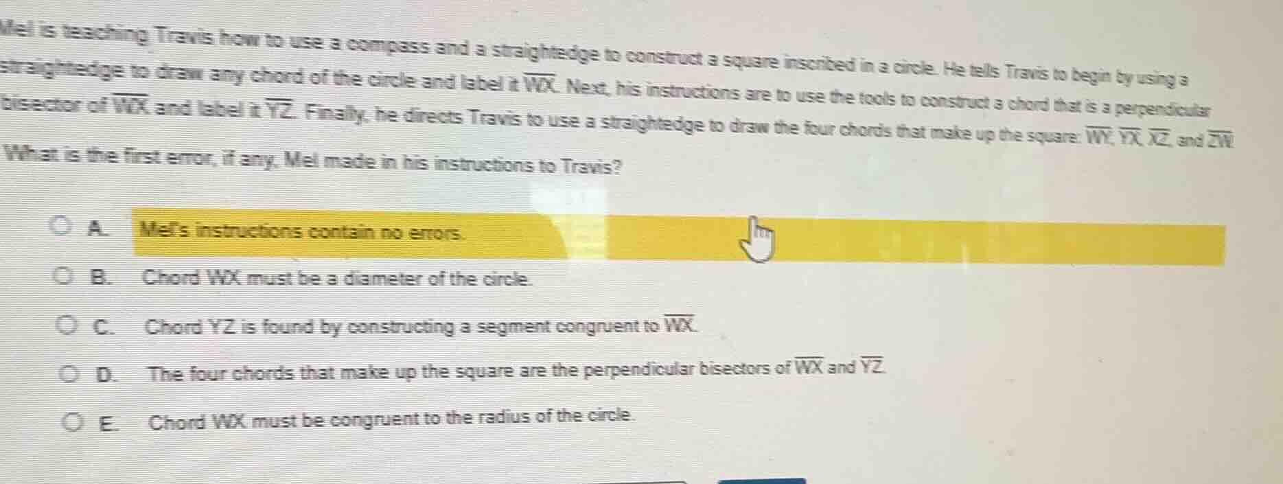 mel is teaching travis how to use a compass and a straightedge to const…