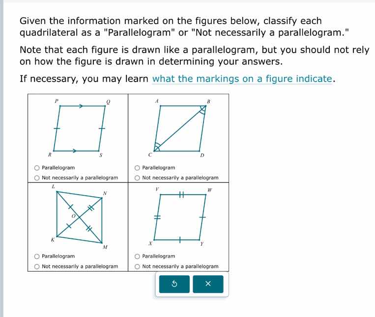 given the information marked on the figures below, classify each quadri…