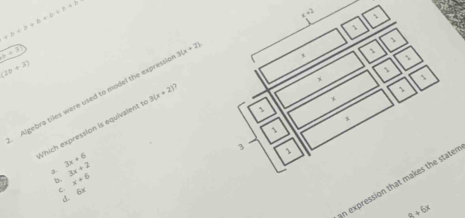 2. algebra tiles were used to model the expression ( 3(x + 2) ). which …