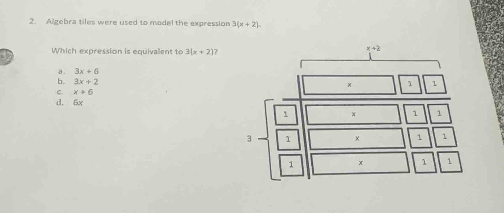 2. algebra tiles were used to model the expression 3(x + 2). which expr…