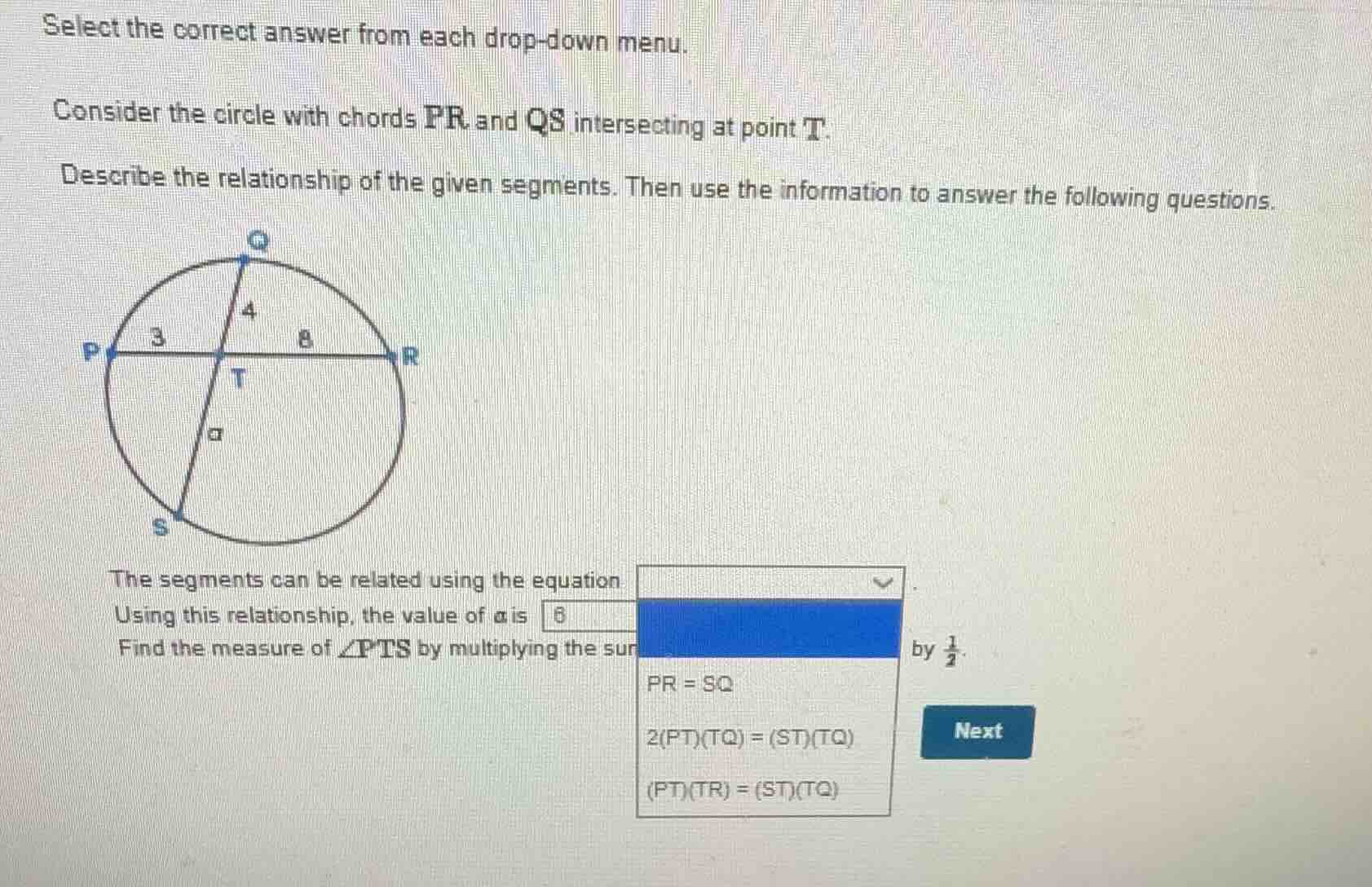 select the correct answer from each drop-down menu. consider the circle…