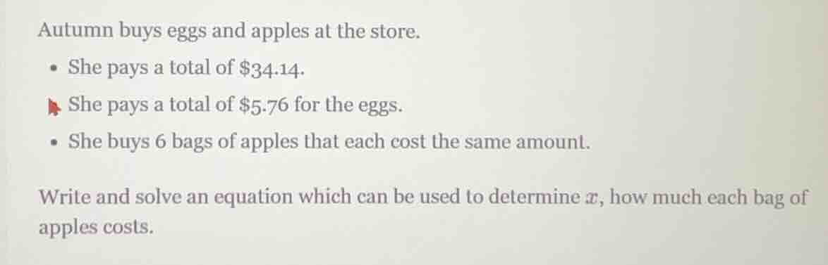 autumn buys eggs and apples at the store. - she pays a total of $34.14.…