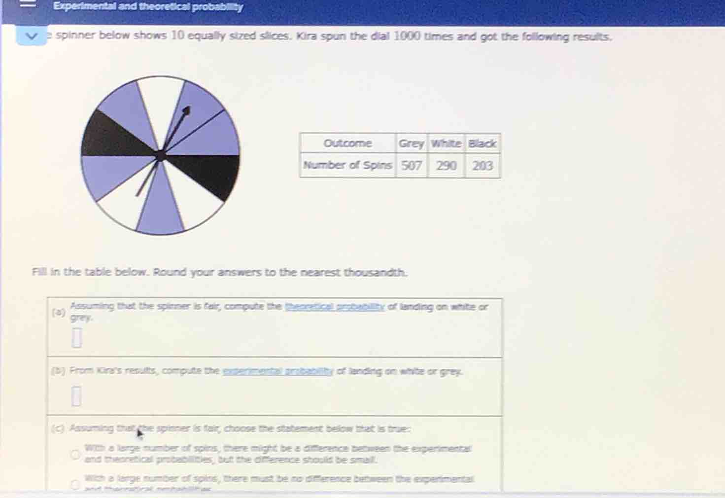 experimental and theoretical probability a spinner below shows 10 equal…
