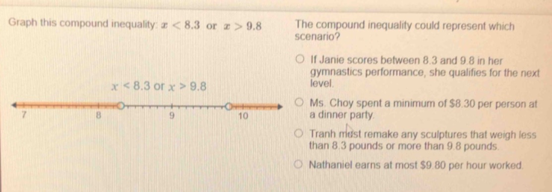 graph this compound inequality: ( x < 8.3 ) or ( x > 9.8 ) the compound…