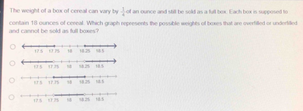 the weight of a box of cereal can vary by \\(\\frac{1}{4}\\) of an ounc…