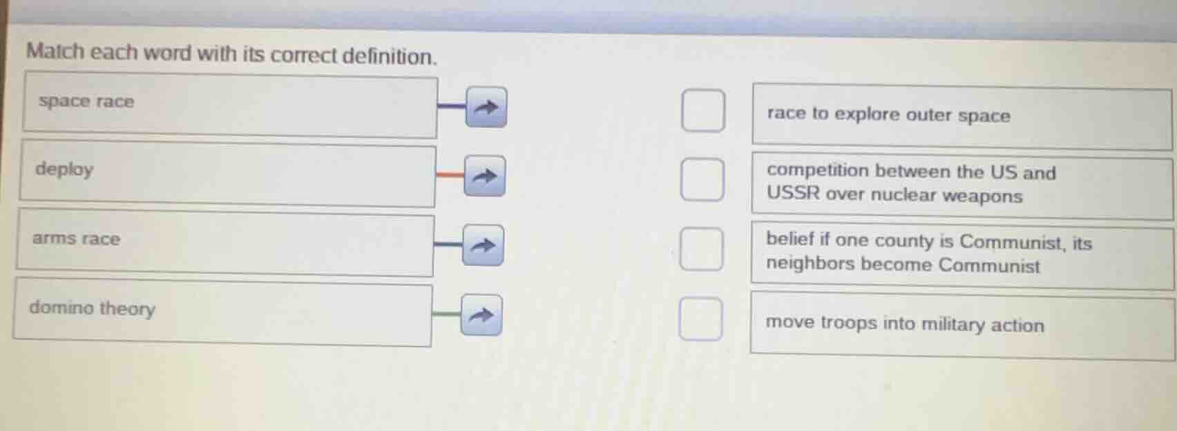 match each word with its correct definition. space race deploy arms rac…