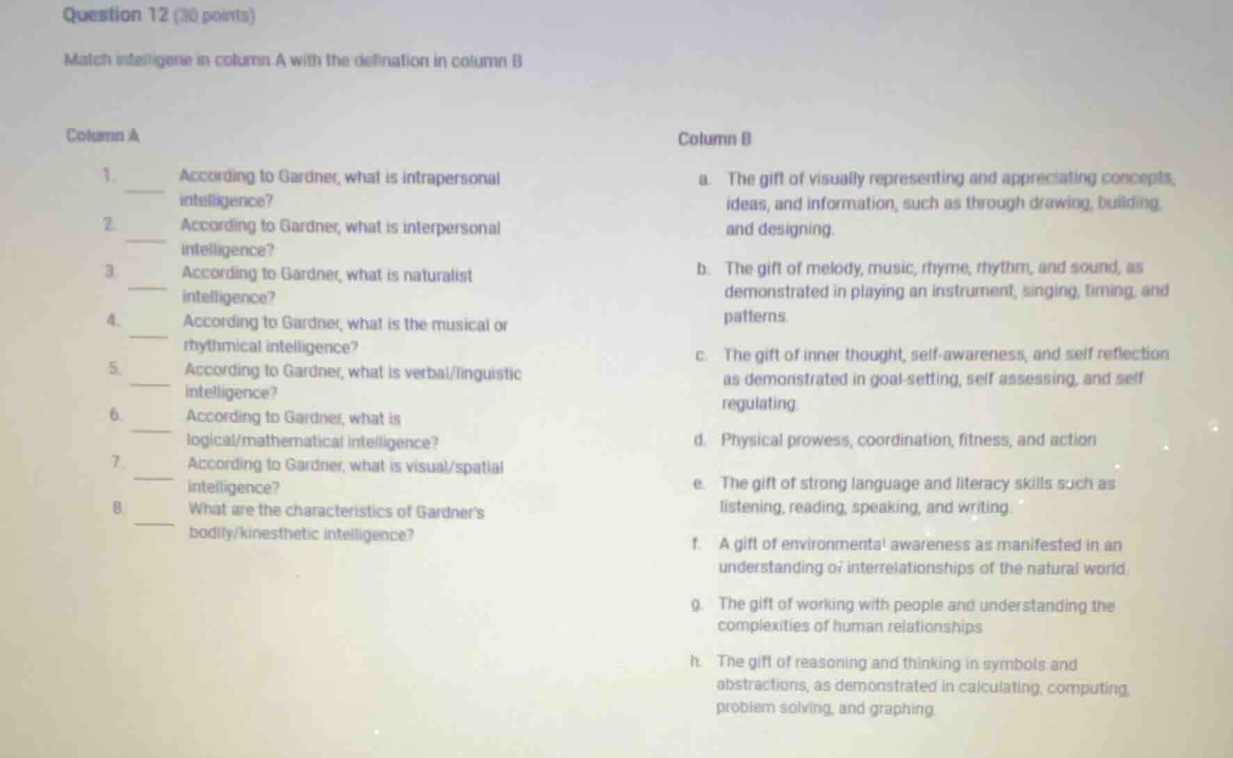question 12 (30 points) match intelligence in column a with the definit…