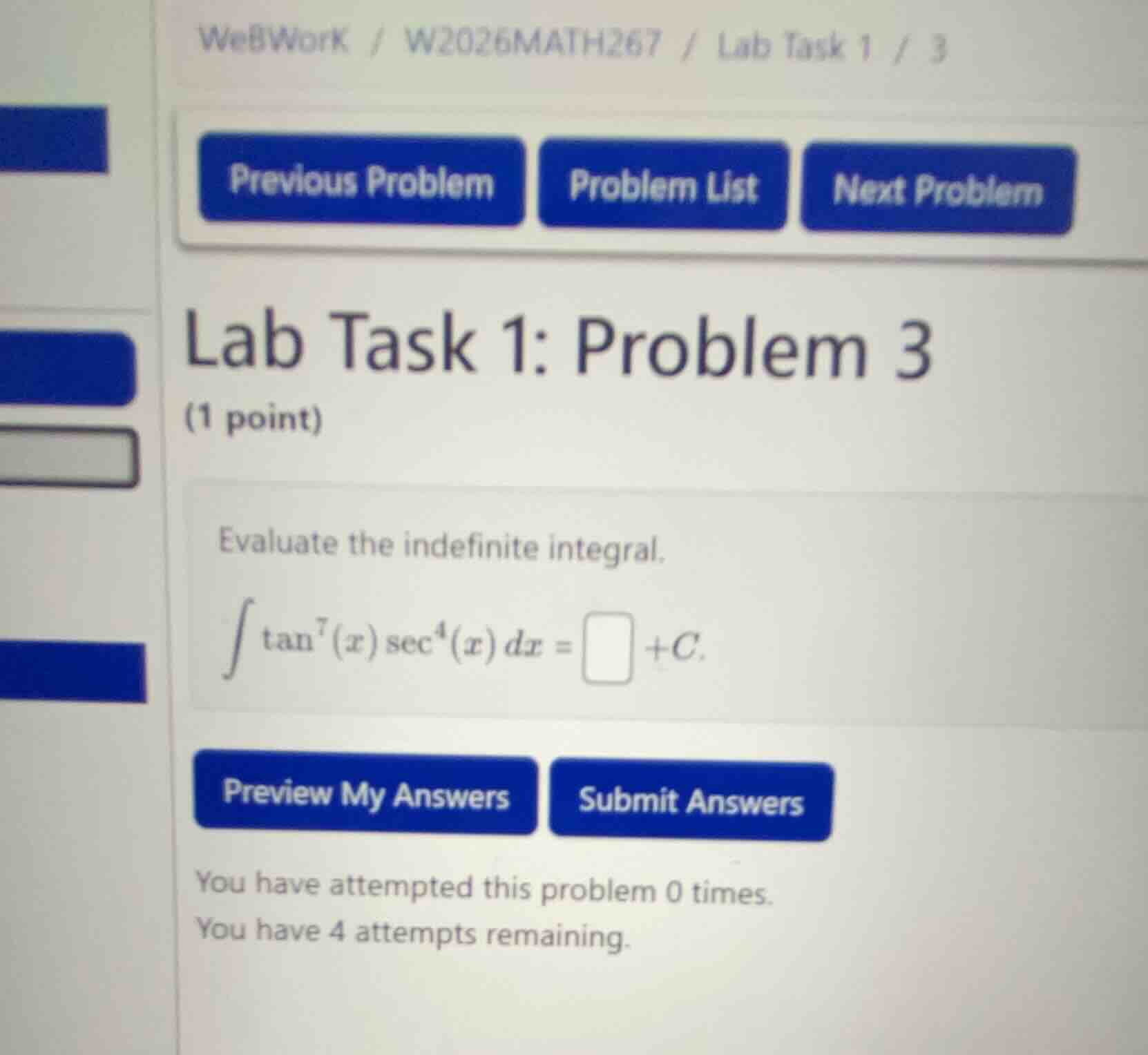 evaluate the indefinite integral. \\(\\int \\tan^{7}(x) \\sec^{4}(x) \\…