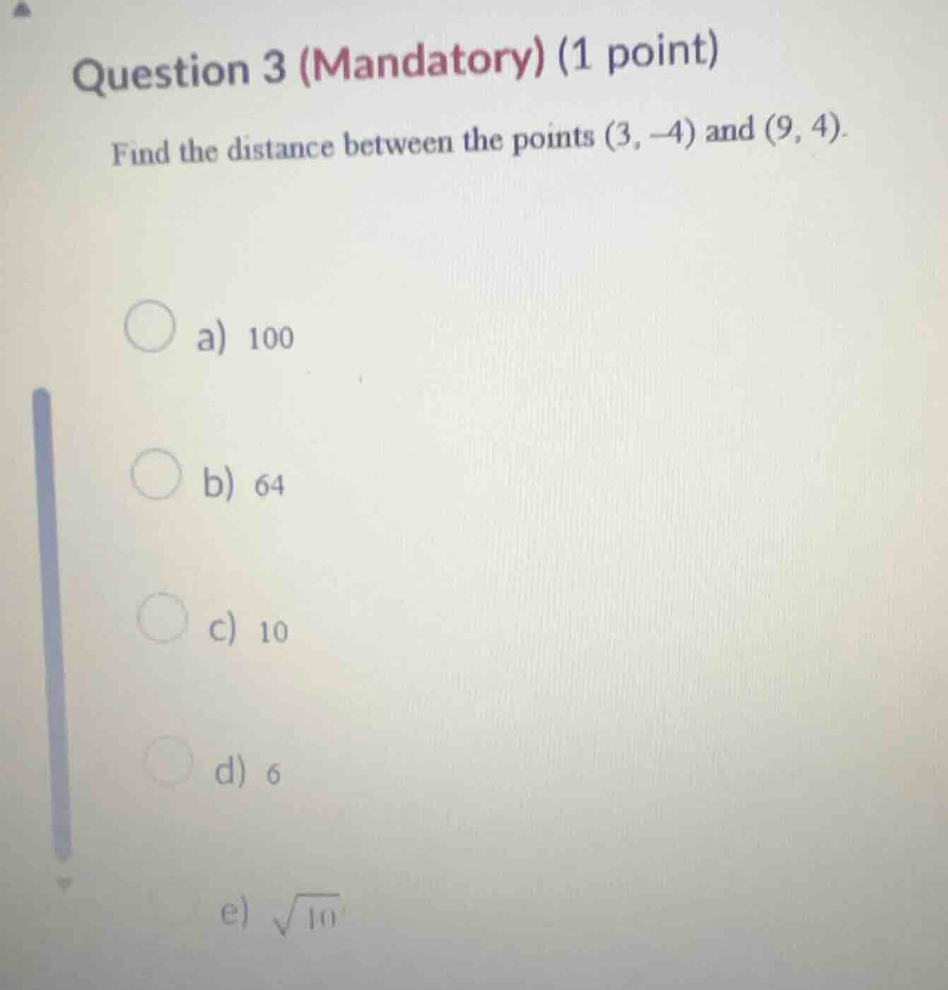 question 3 (mandatory) (1 point) find the distance between the points (…