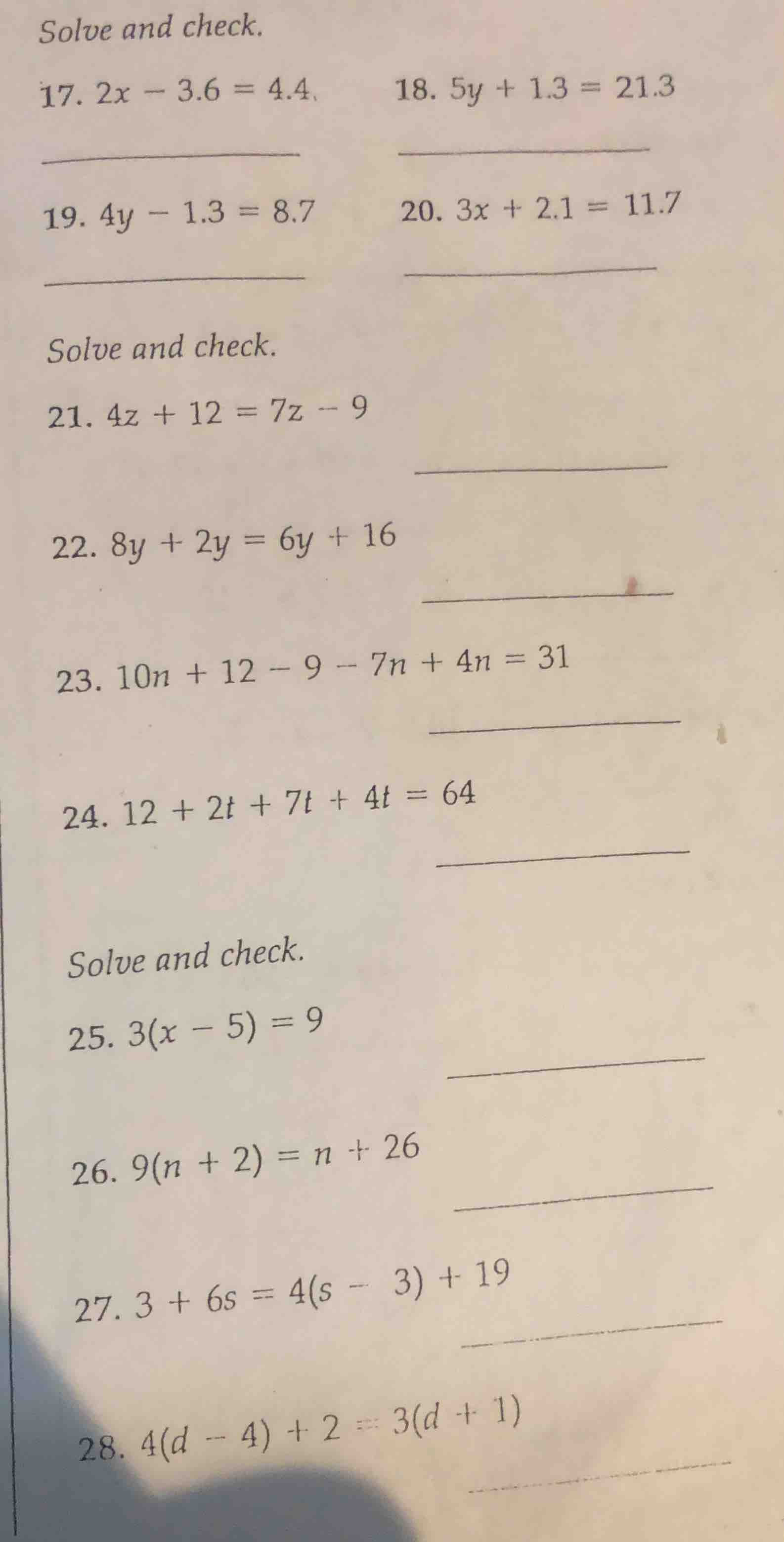 solve and check. 17. $2x - 3.6 = 4.4$ 18. $5y + 1.3 = 21.3$ 19. $4y - 1…
