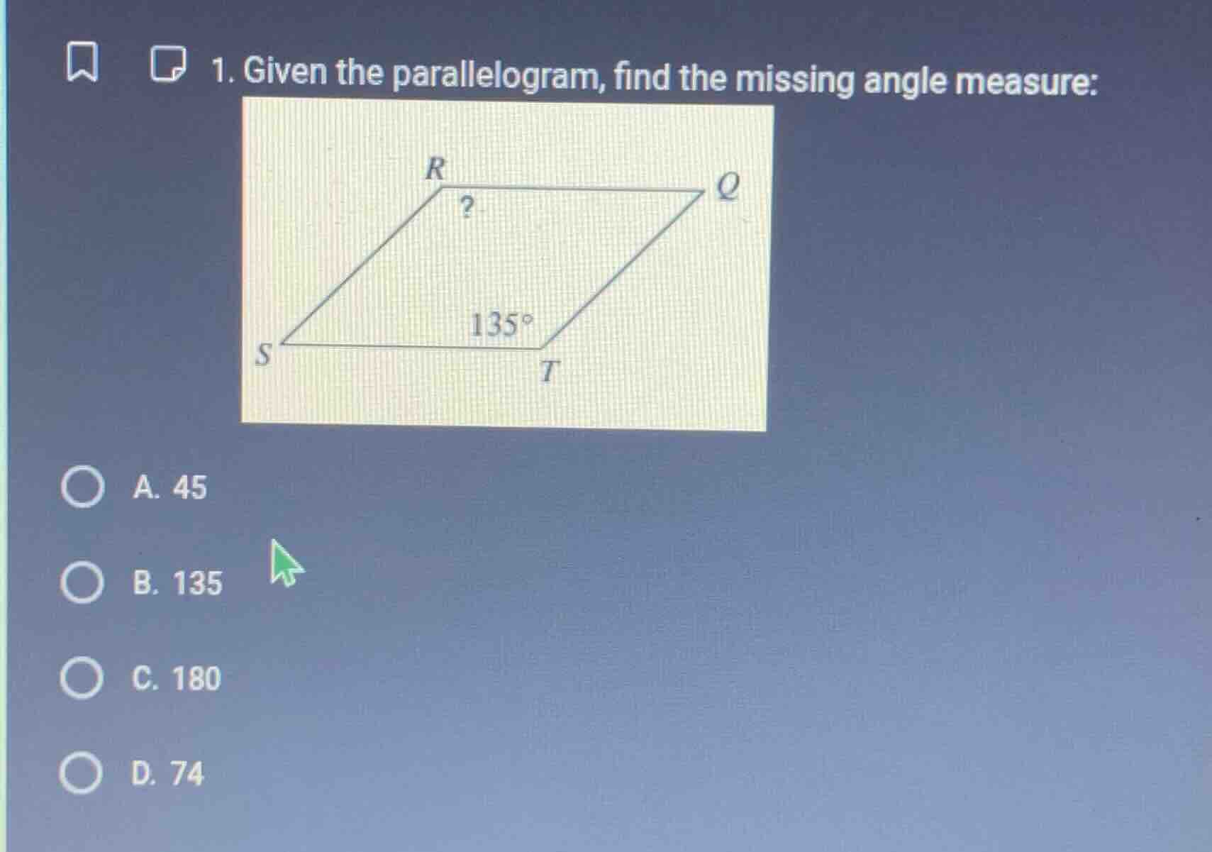 1. given the parallelogram, find the missing angle measure: image of pa…