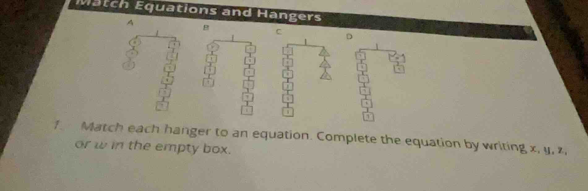 match equations and hangers 1. match each hanger to an equation. comple…