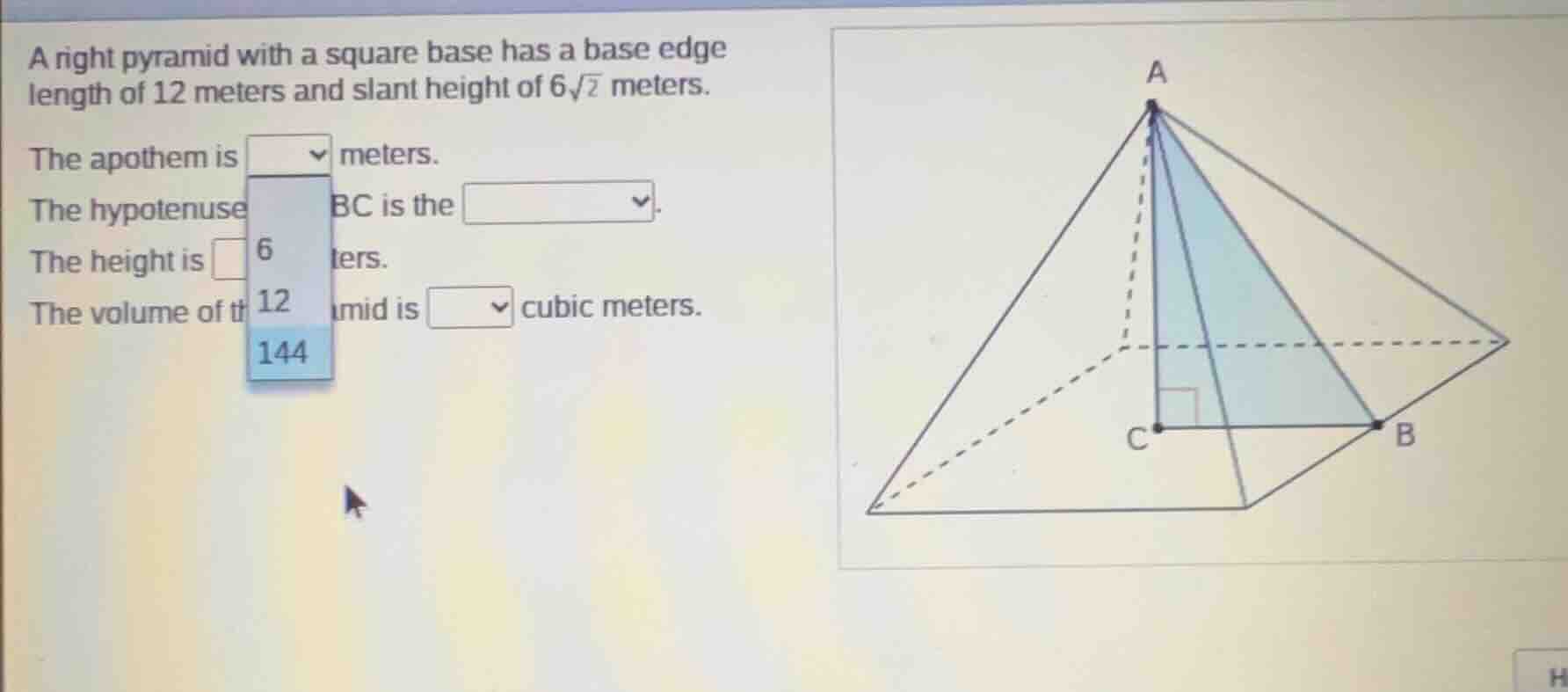 a right pyramid with a square base has a base edge length of 12 meters …