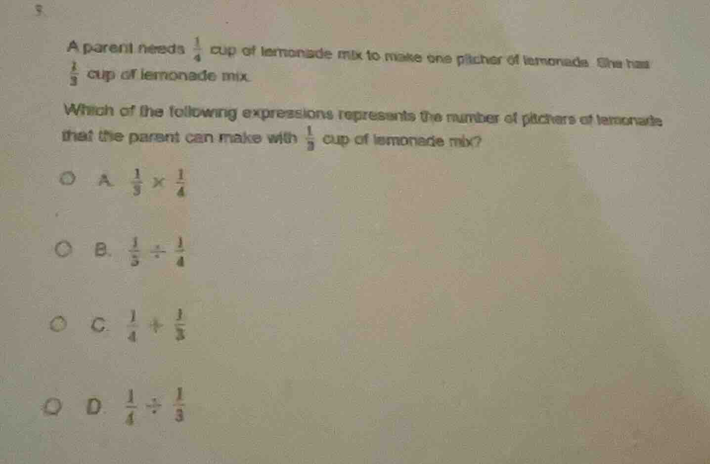 a parent needs \\(\\frac{1}{4}\\) cup of lemonade mix to make one pitch…