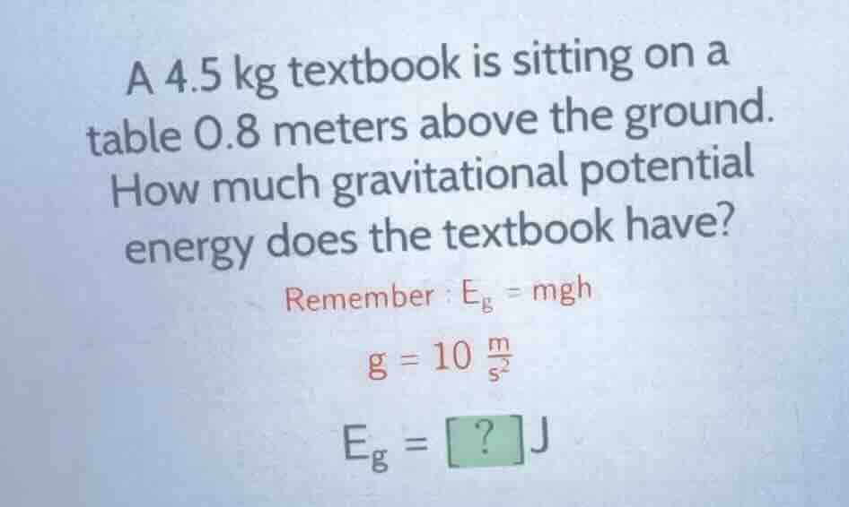 a 4.5 kg textbook is sitting on a table 0.8 meters above the ground. ho…