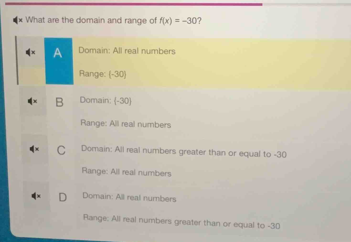 what are the domain and range of $f(x) = -30$? a domain: all real numbe…