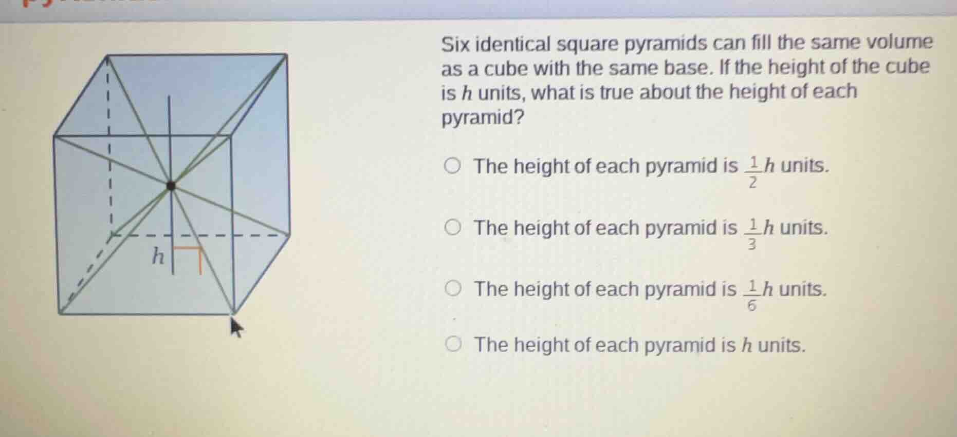 six identical square pyramids can fill the same volume as a cube with t…
