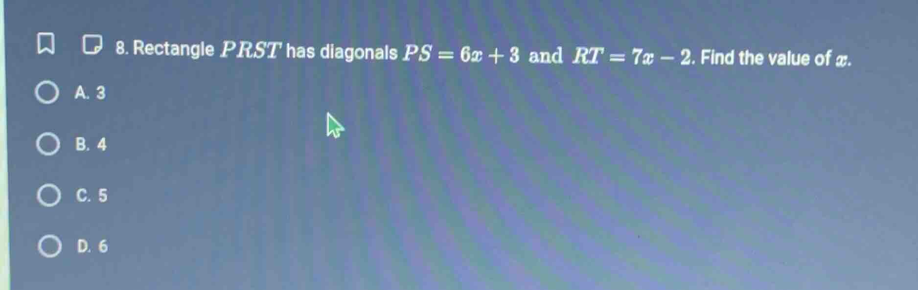 8. rectangle prst has diagonals $ps = 6x + 3$ and $rt = 7x - 2$. find t…