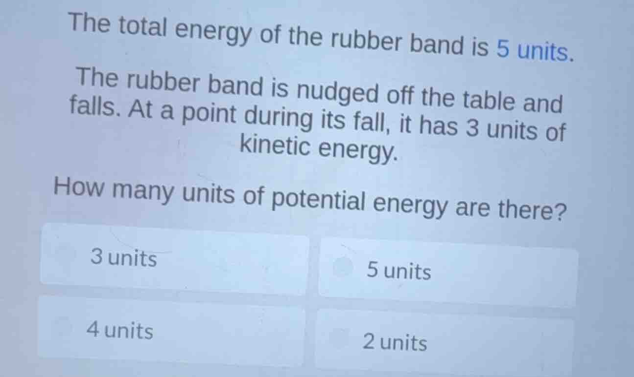 the total energy of the rubber band is 5 units. the rubber band is nudg…