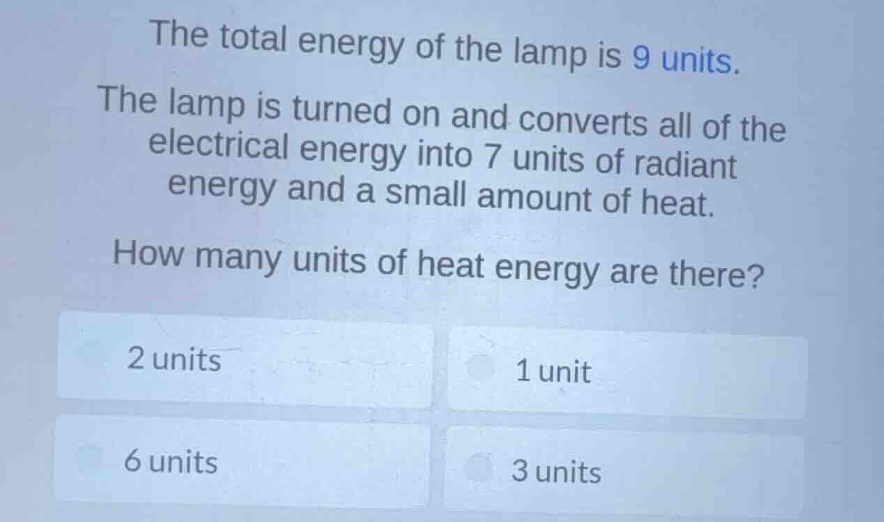 the total energy of the lamp is 9 units. the lamp is turned on and conv…
