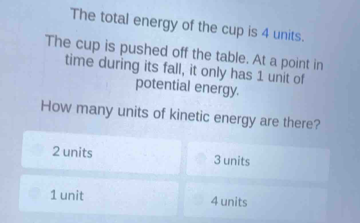 the total energy of the cup is 4 units. the cup is pushed off the table…