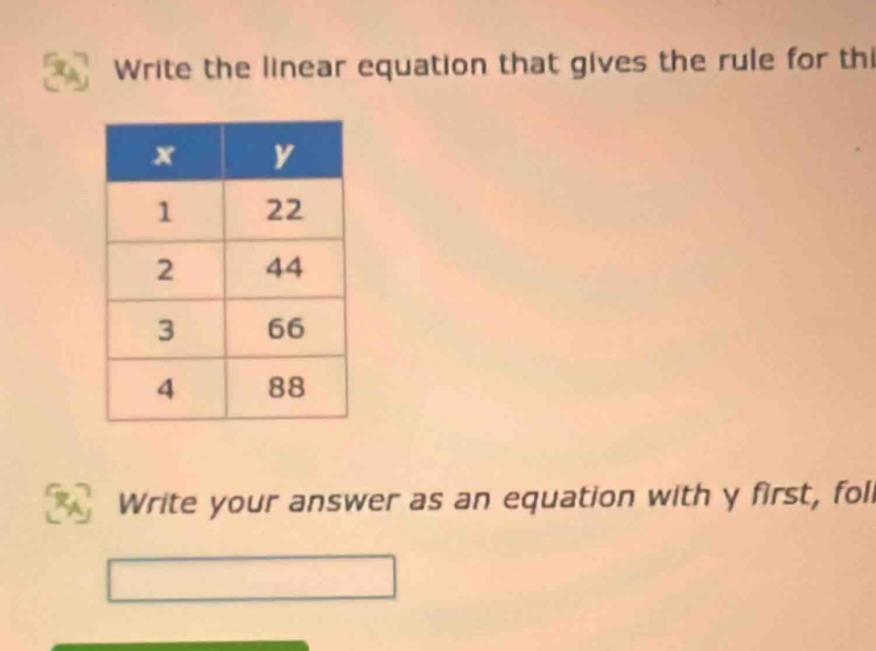 write the linear equation that gives the rule for th x | y 1 | 22 2 | 4…