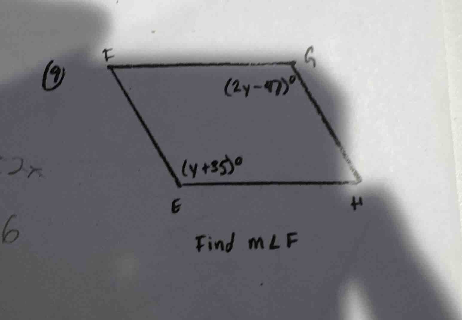 (9) find ( mangle f ) the figure is a parallelogram labeled with vertic…