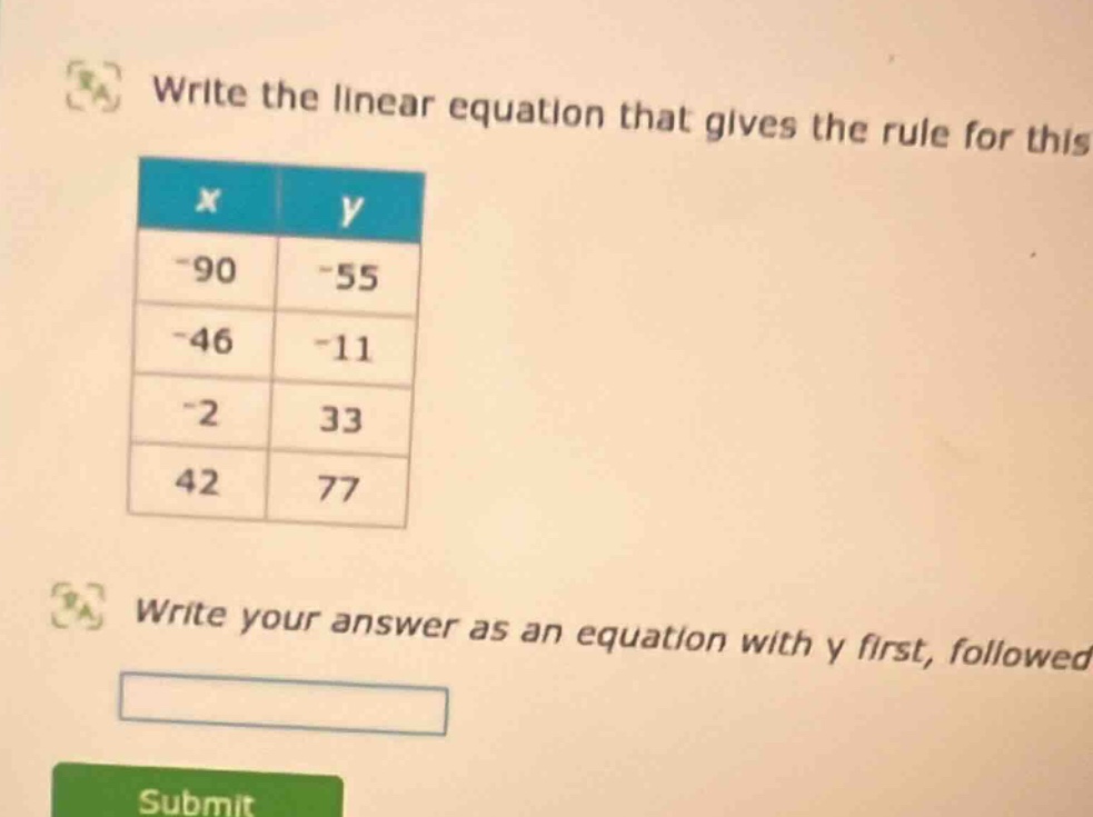write the linear equation that gives the rule for this x | y -90 | -55 …