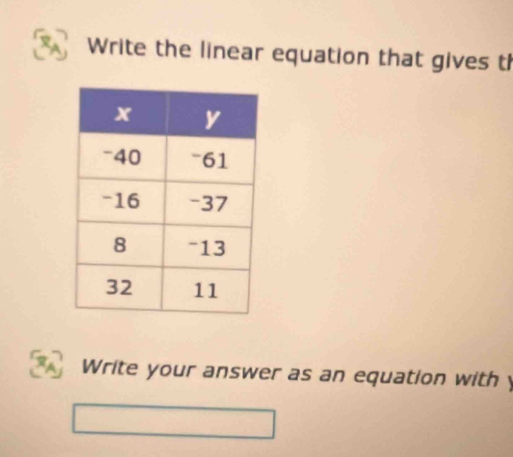 write the linear equation that gives th x | y -40 | -61 -16 | -37 8 | -…