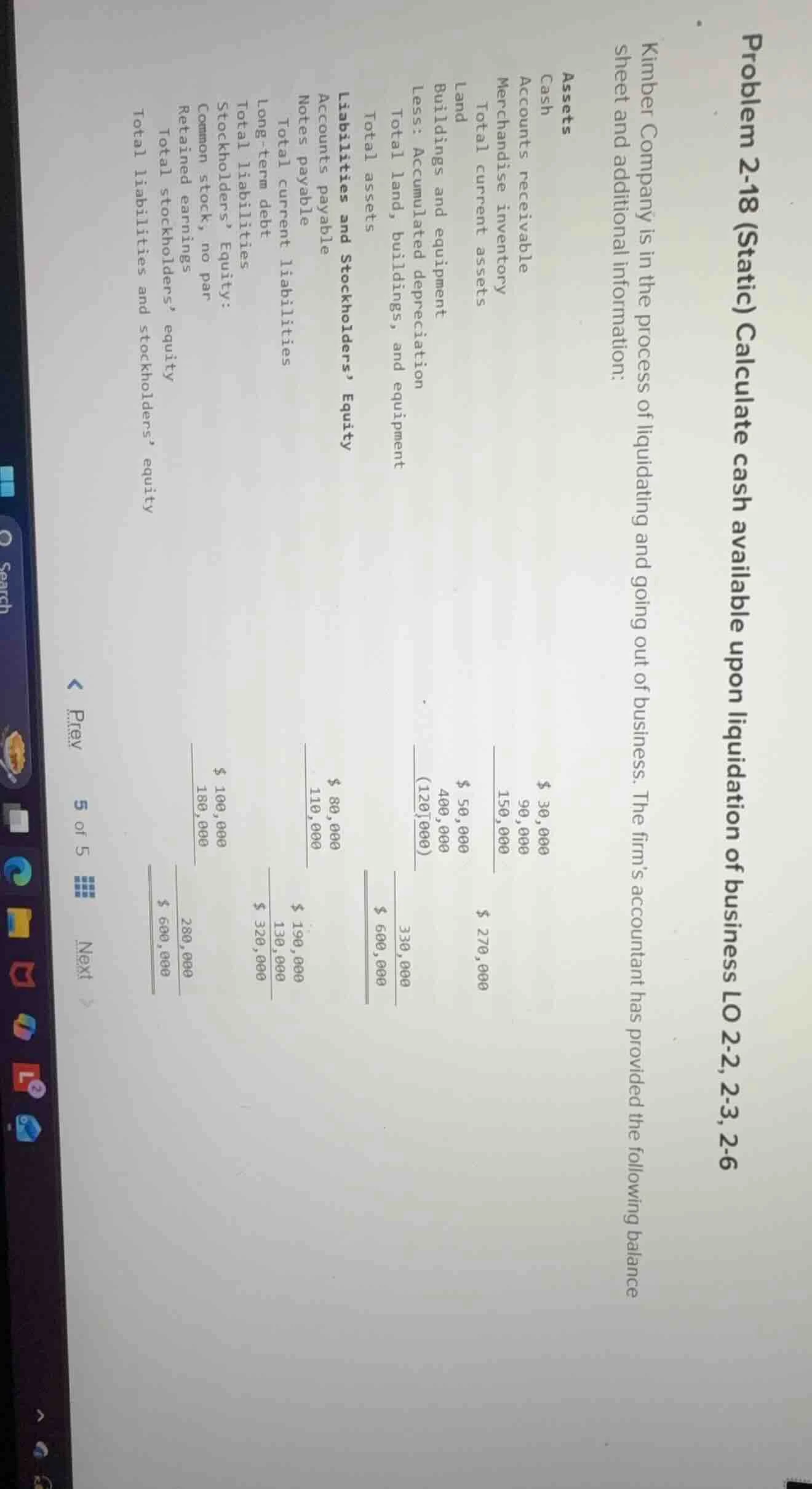 problem 2-18 (static) calculate cash available upon liquidation of busi…