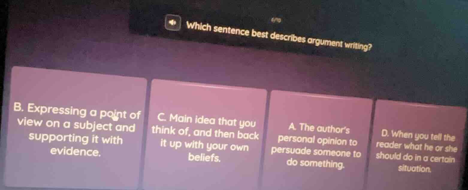 which sentence best describes argument writing? b. expressing a point o…