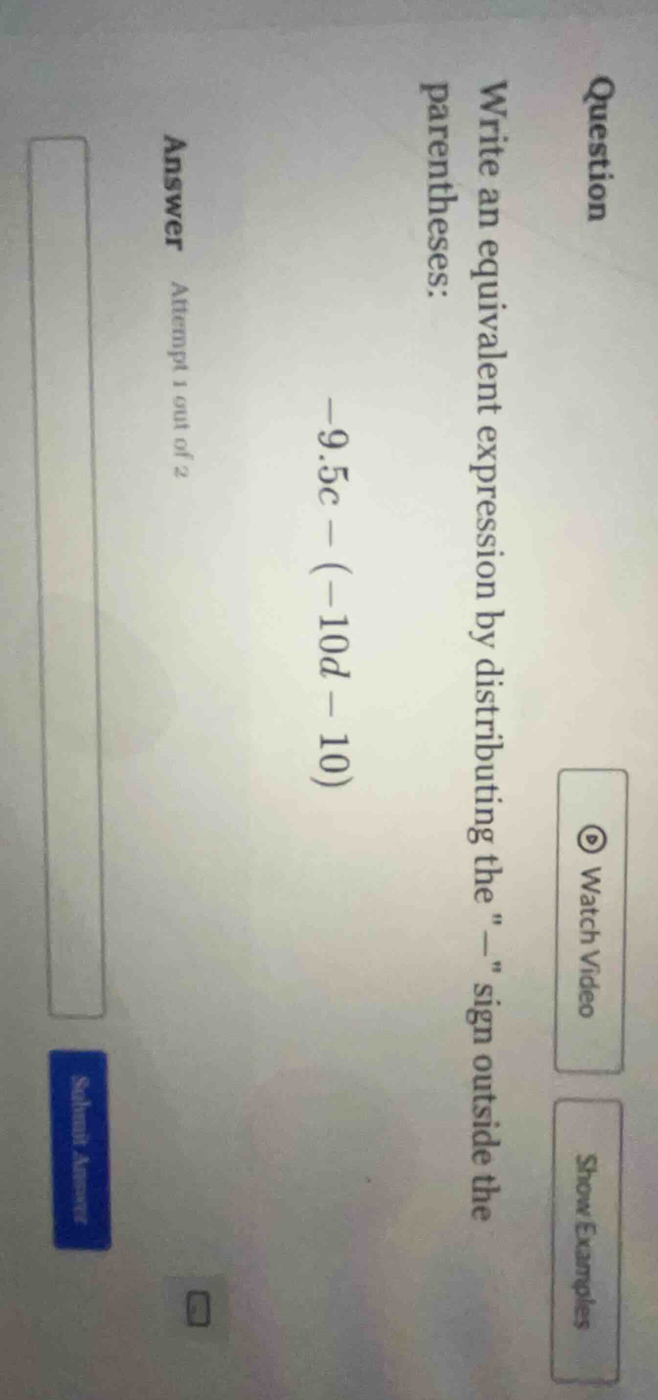 question write an equivalent expression by distributing the \-\ sign ou…