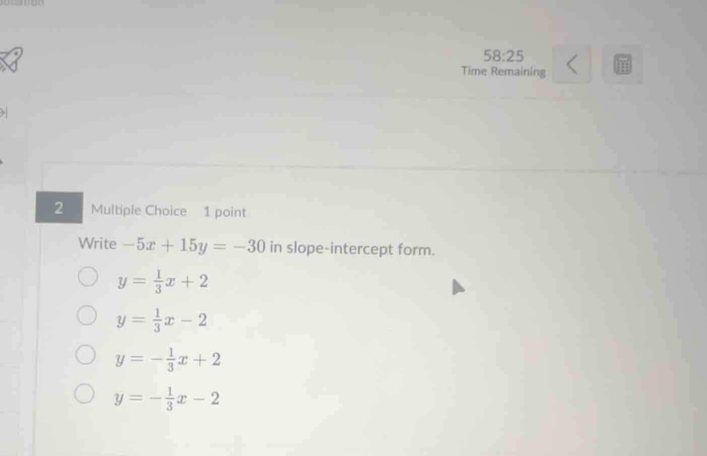 2 multiple choice 1 point write $-5x + 15y = -30$ in slope - intercept …
