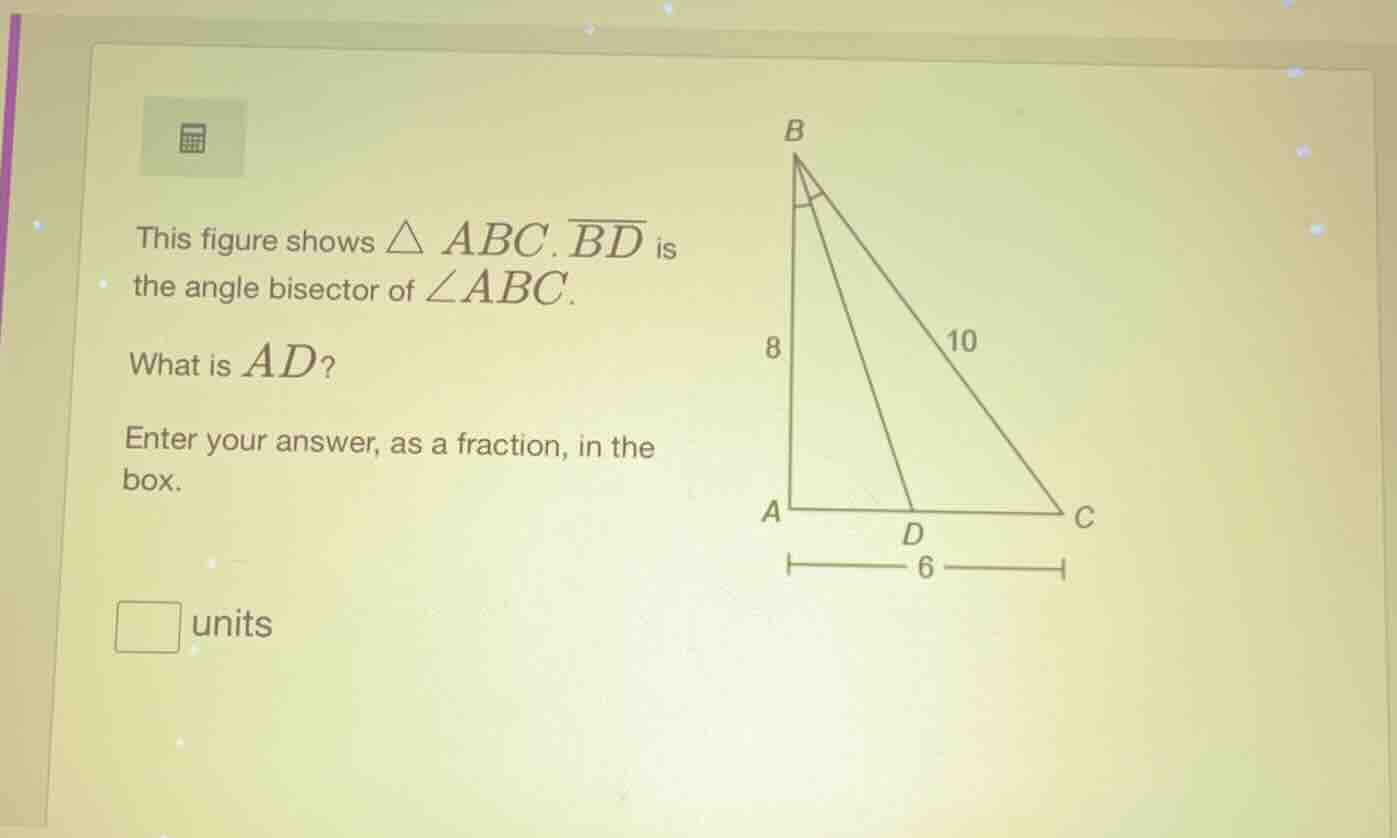 this figure shows $\\triangle abc$. $\\overline{bd}$ is the angle bisec…