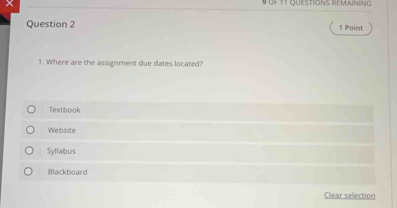 question 2 (1 point) 1. where are the assignment due dates located? ○ t…