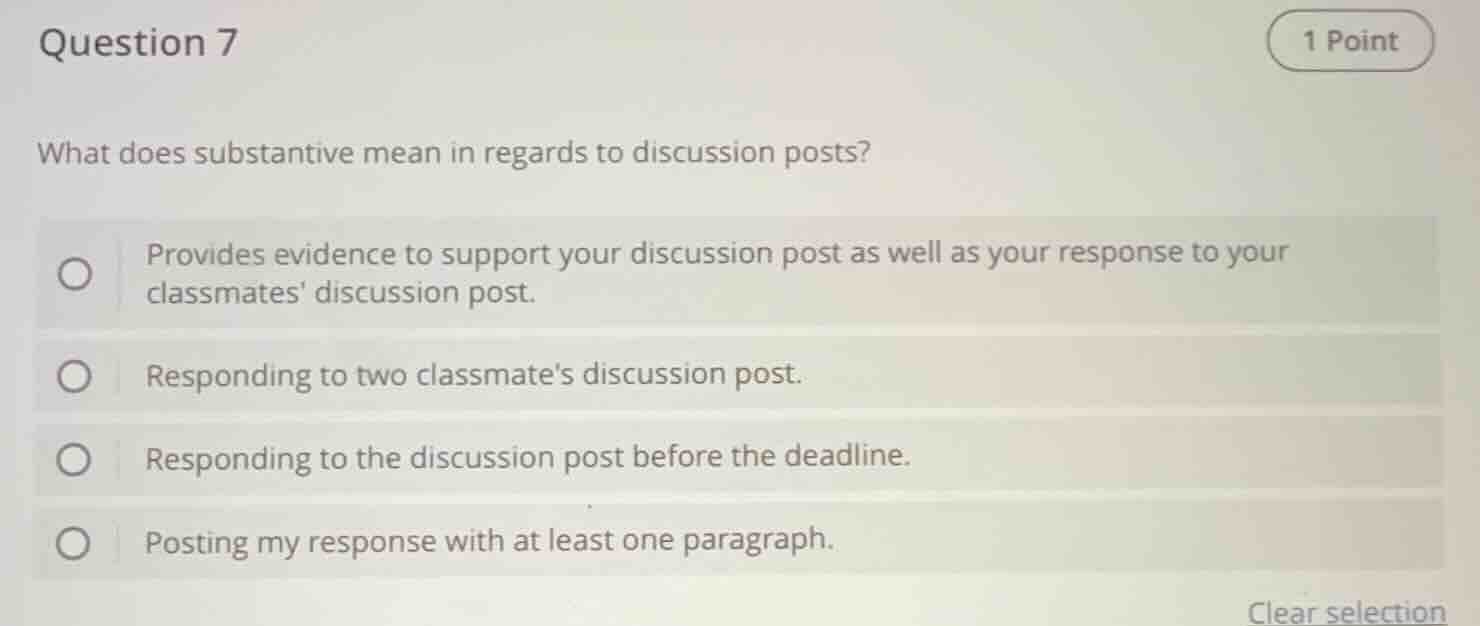 question 7 1 point what does substantive mean in regards to discussion …