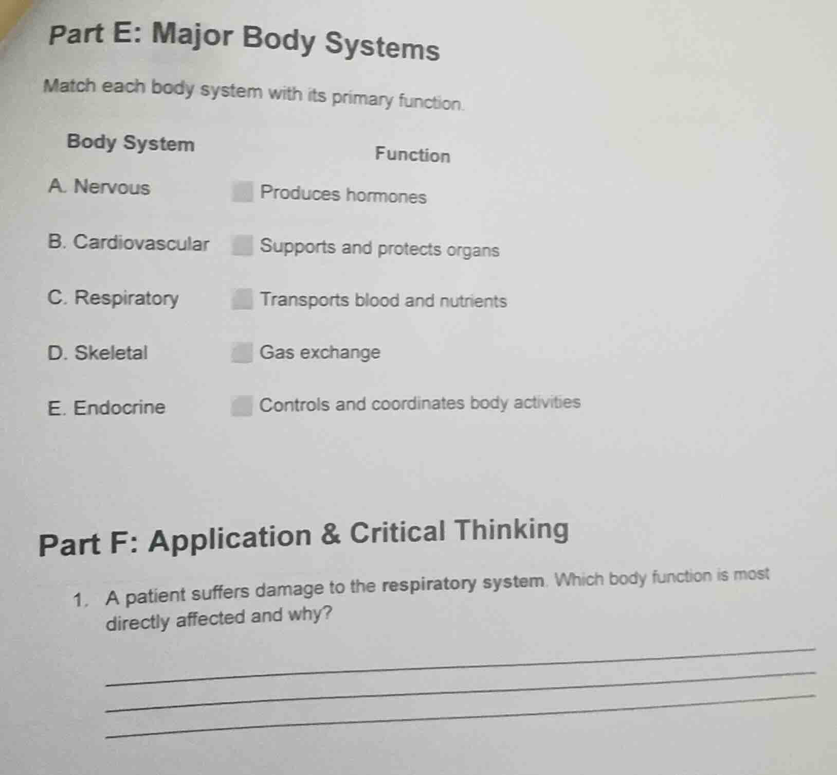 part e: major body systems match each body system with its primary func…