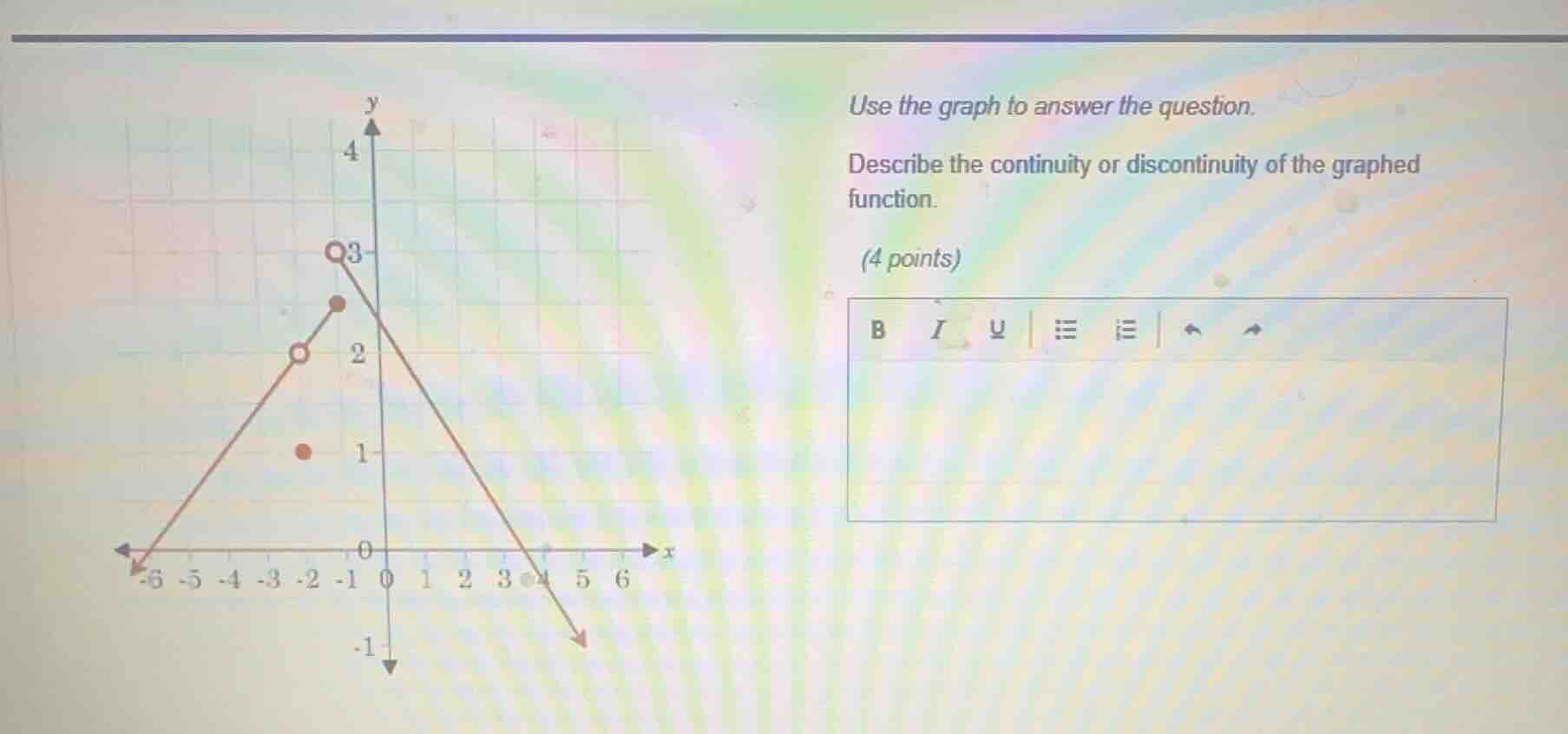 use the graph to answer the question. describe the continuity or discon…
