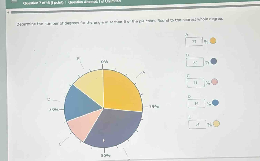 determine the number of degrees for the angle in section b of the pie c…