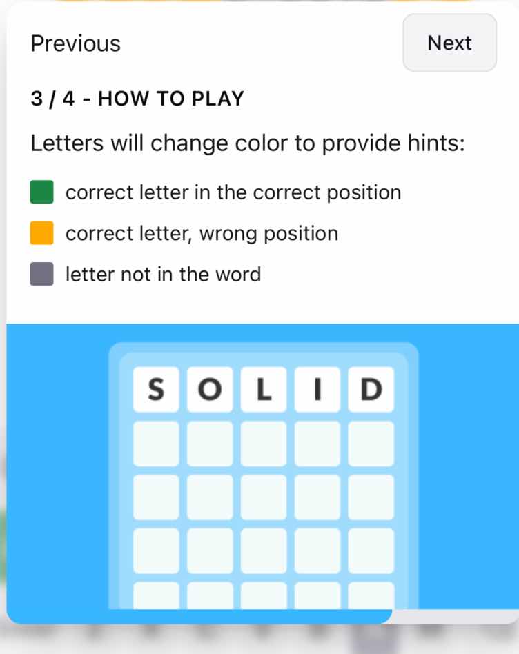 3 / 4 - how to play letters will change color to provide hints: - green…