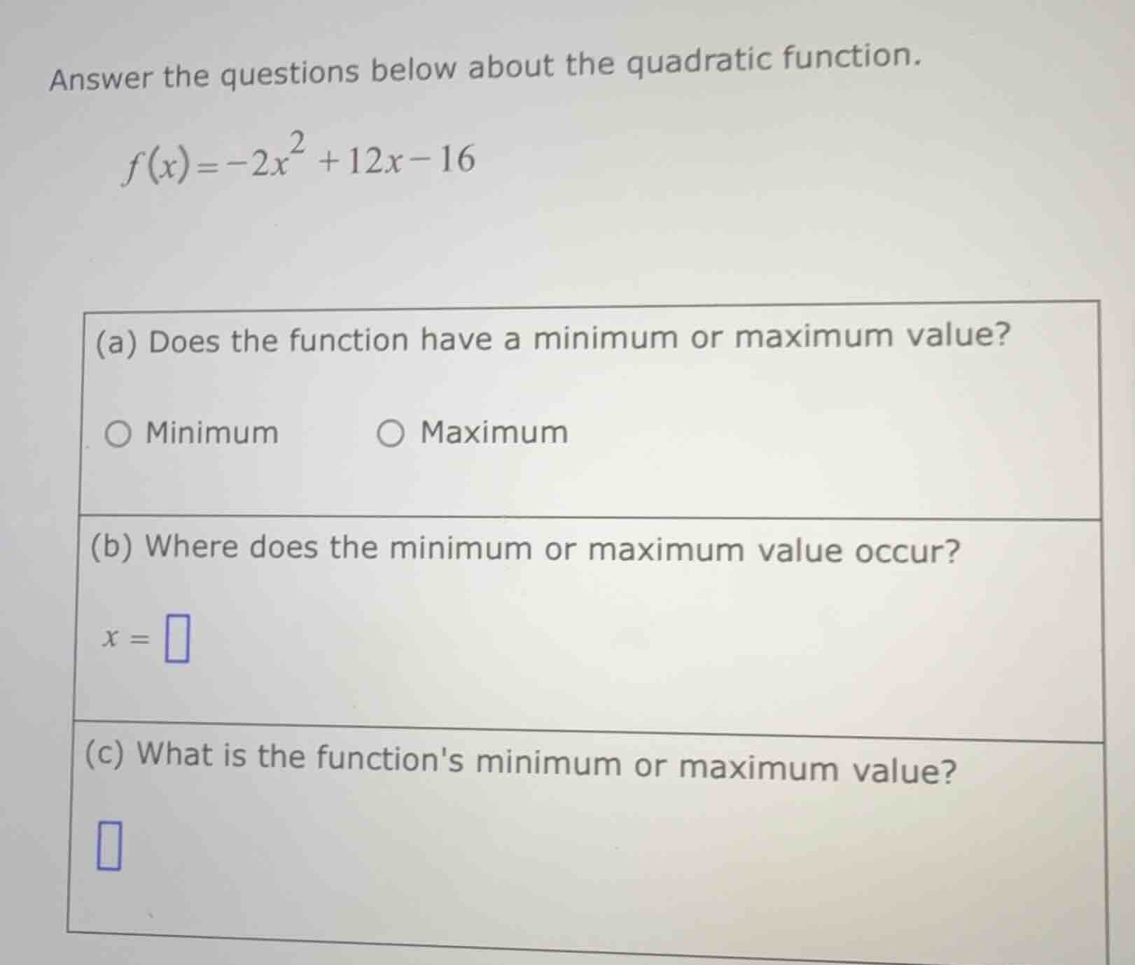 answer the questions below about the quadratic function.\\( f(x) = -2x^…