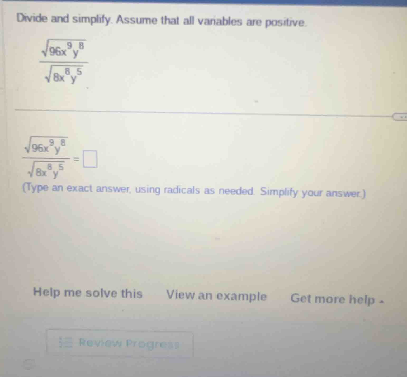 divide and simplify. assume that all variables are positive.\\(\\frac{\…