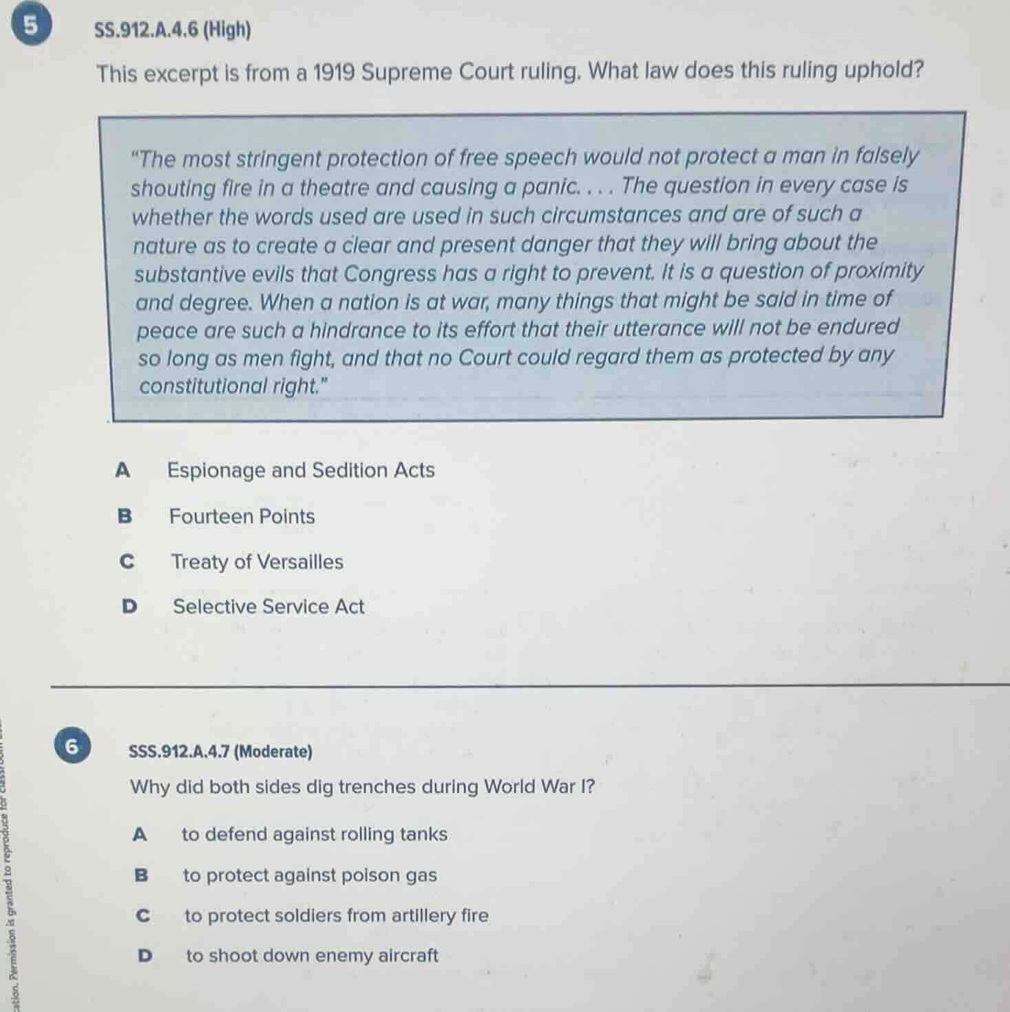 5 ss.912.a.4.6 (high) this excerpt is from a 1919 supreme court ruling.…