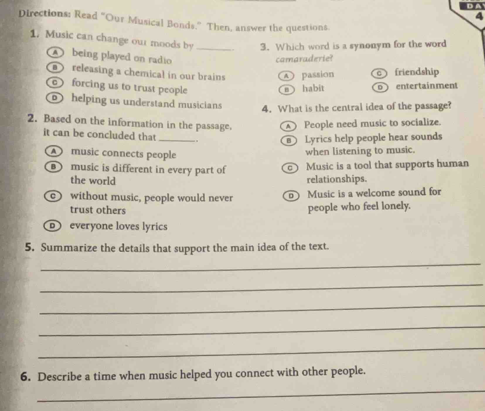 directions: read “our musical bonds.” then, answer the questions. 1. mu…