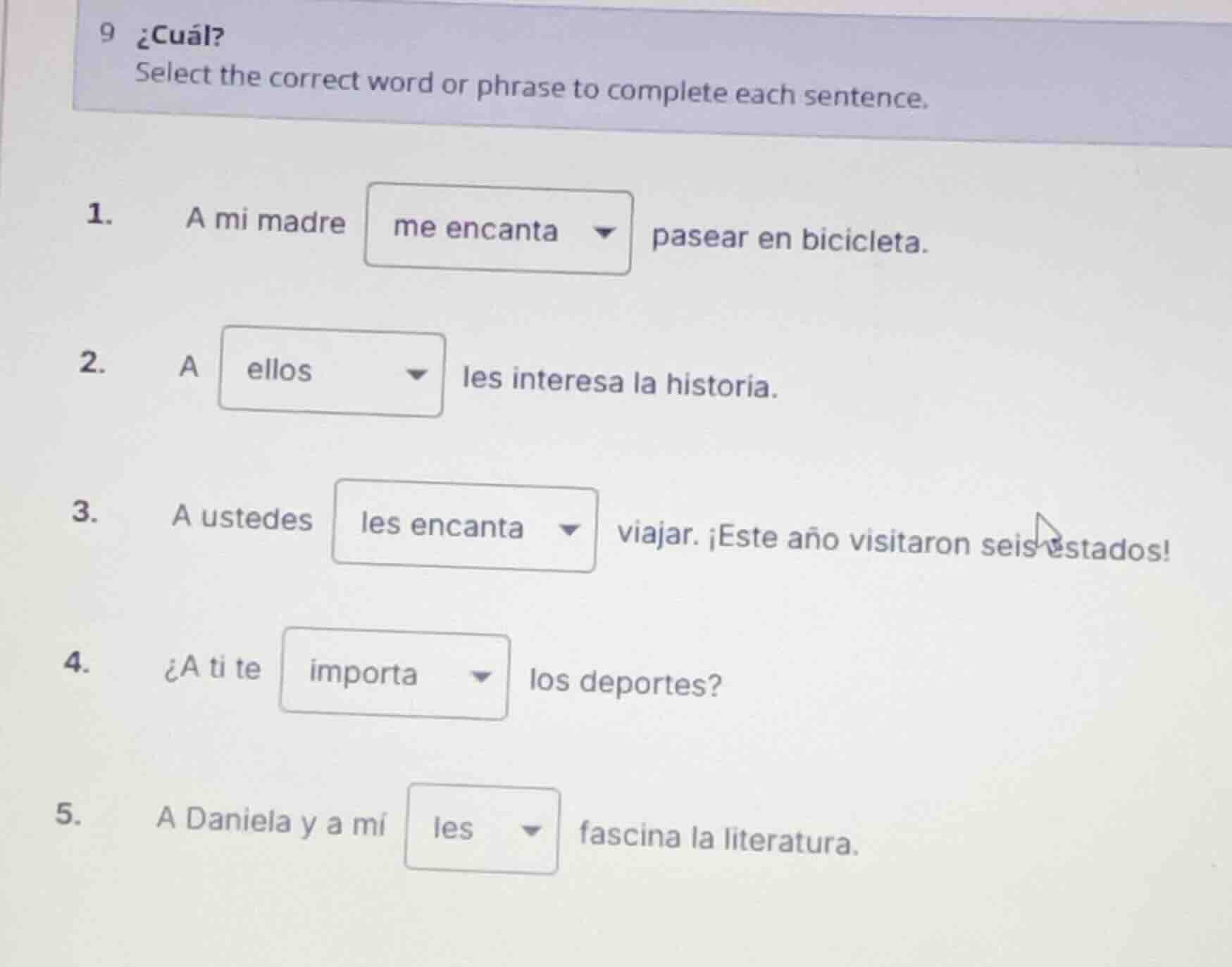 9 ¿cuál? select the correct word or phrase to complete each sentence. 1…