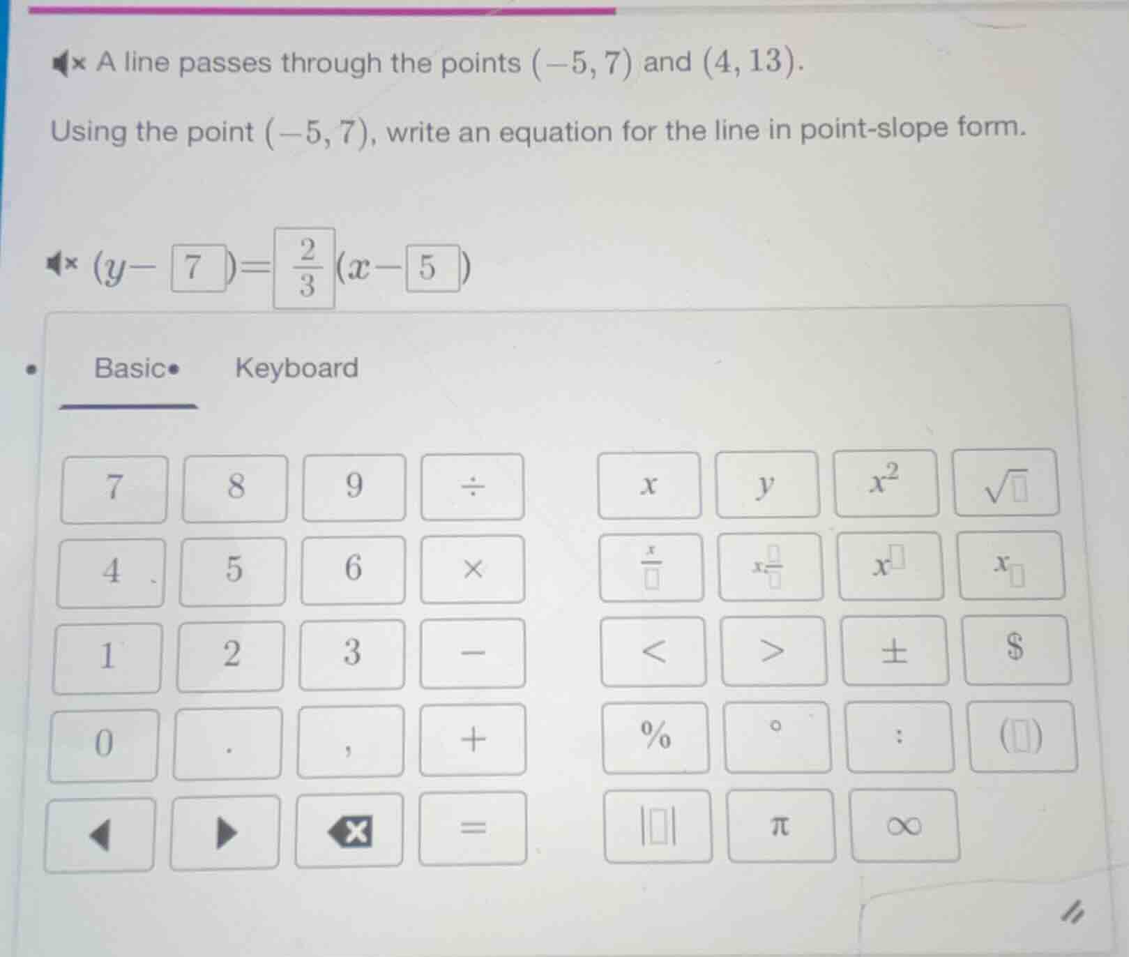 a line passes through the points $(-5, 7)$ and $(4, 13)$. using the poi…