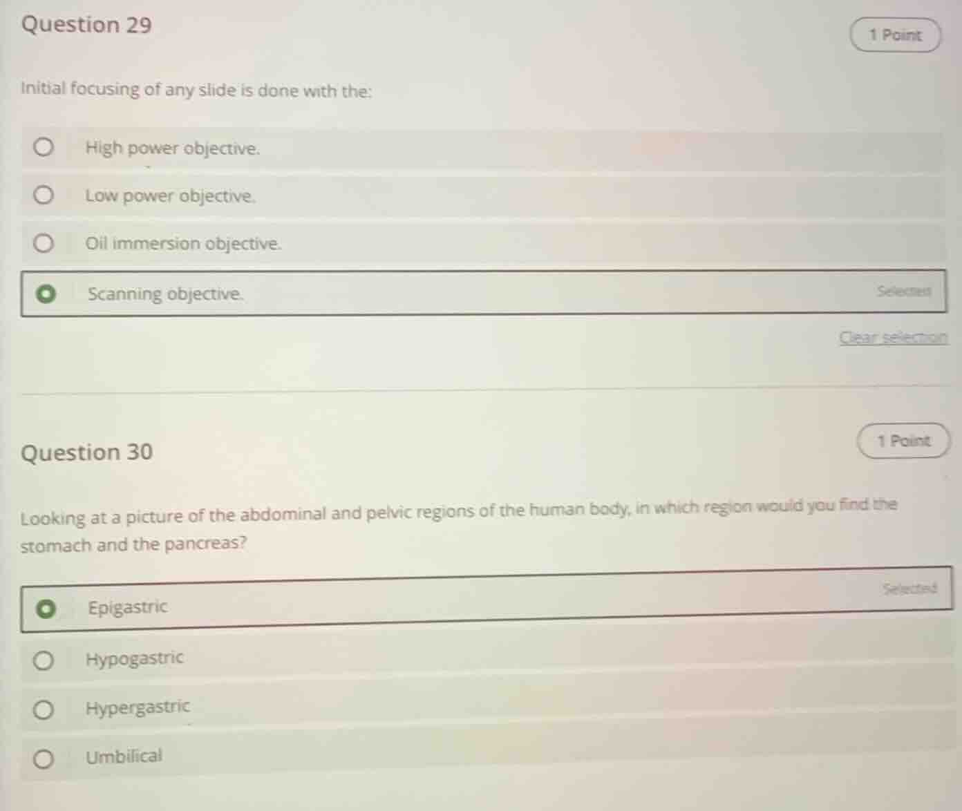 question 29 1 point initial focusing of any slide is done with the: hig…