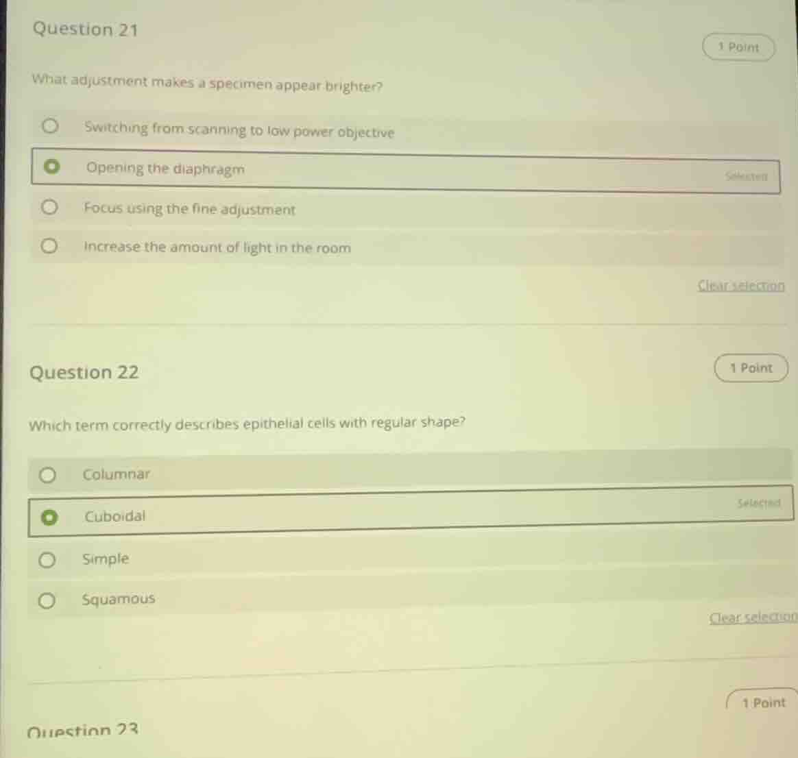 question 21 1 point what adjustment makes a specimen appear brighter? -…