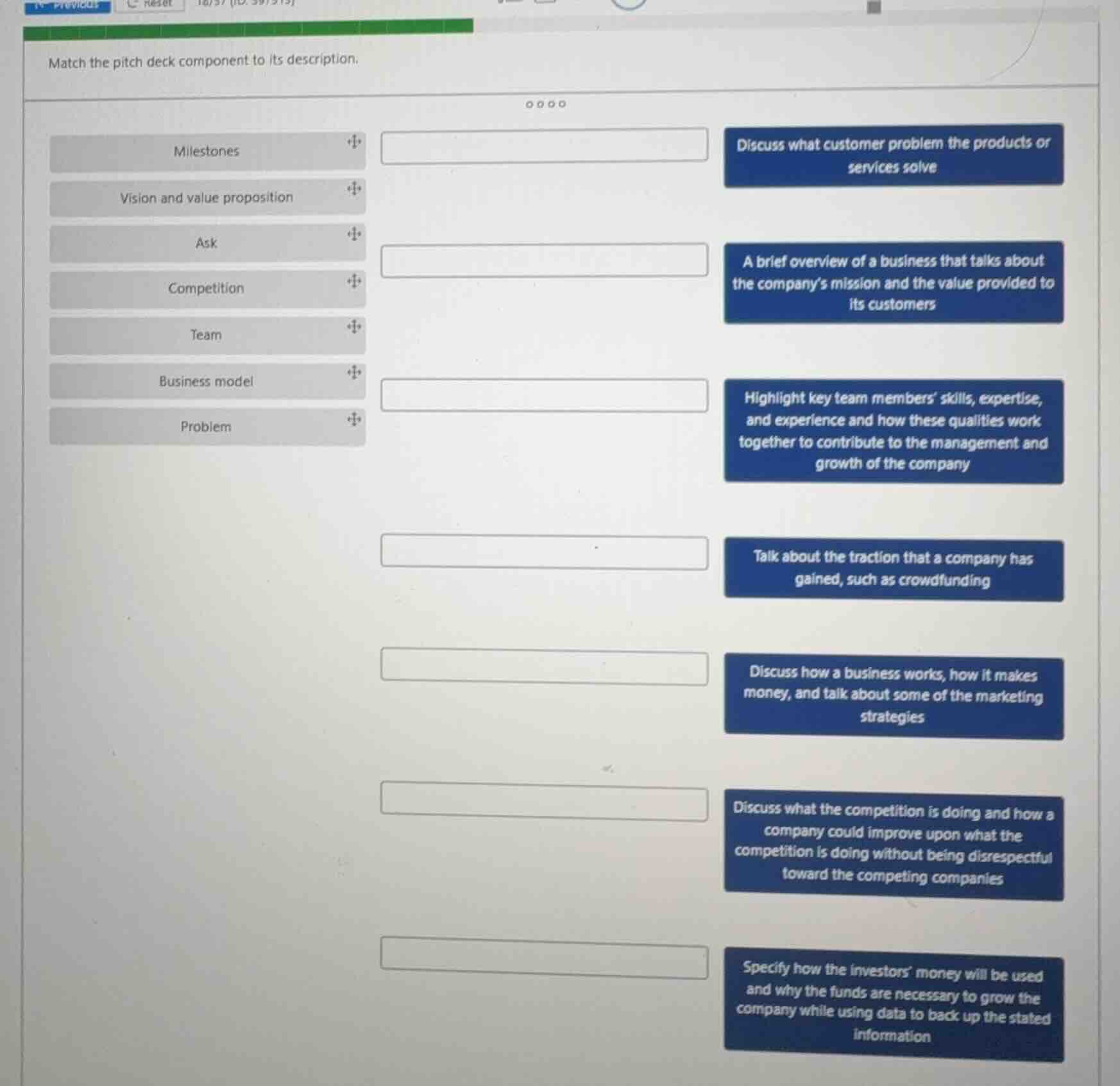 match the pitch deck component to its description. milestones vision an…