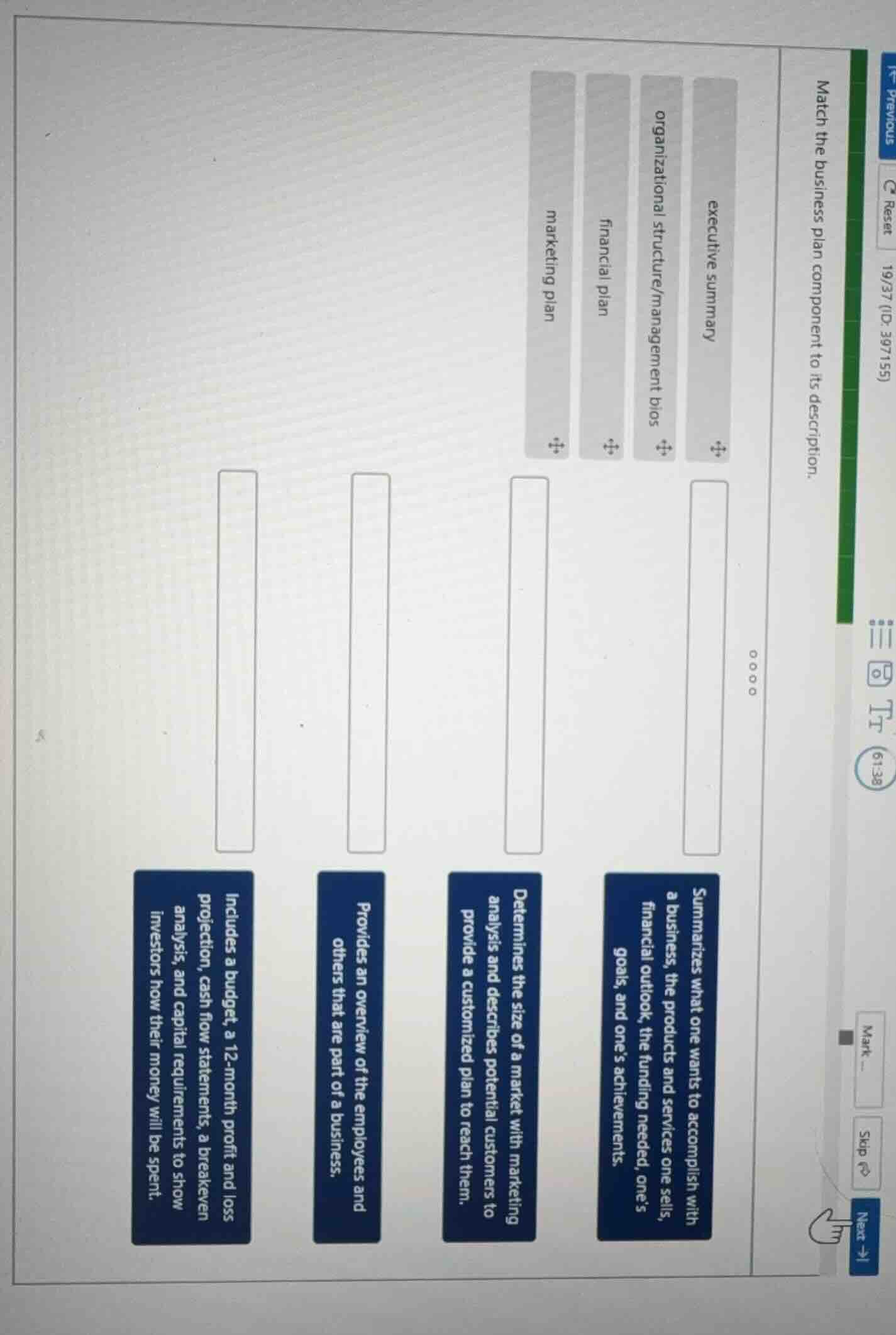 match the business plan component to its description. executive summary…